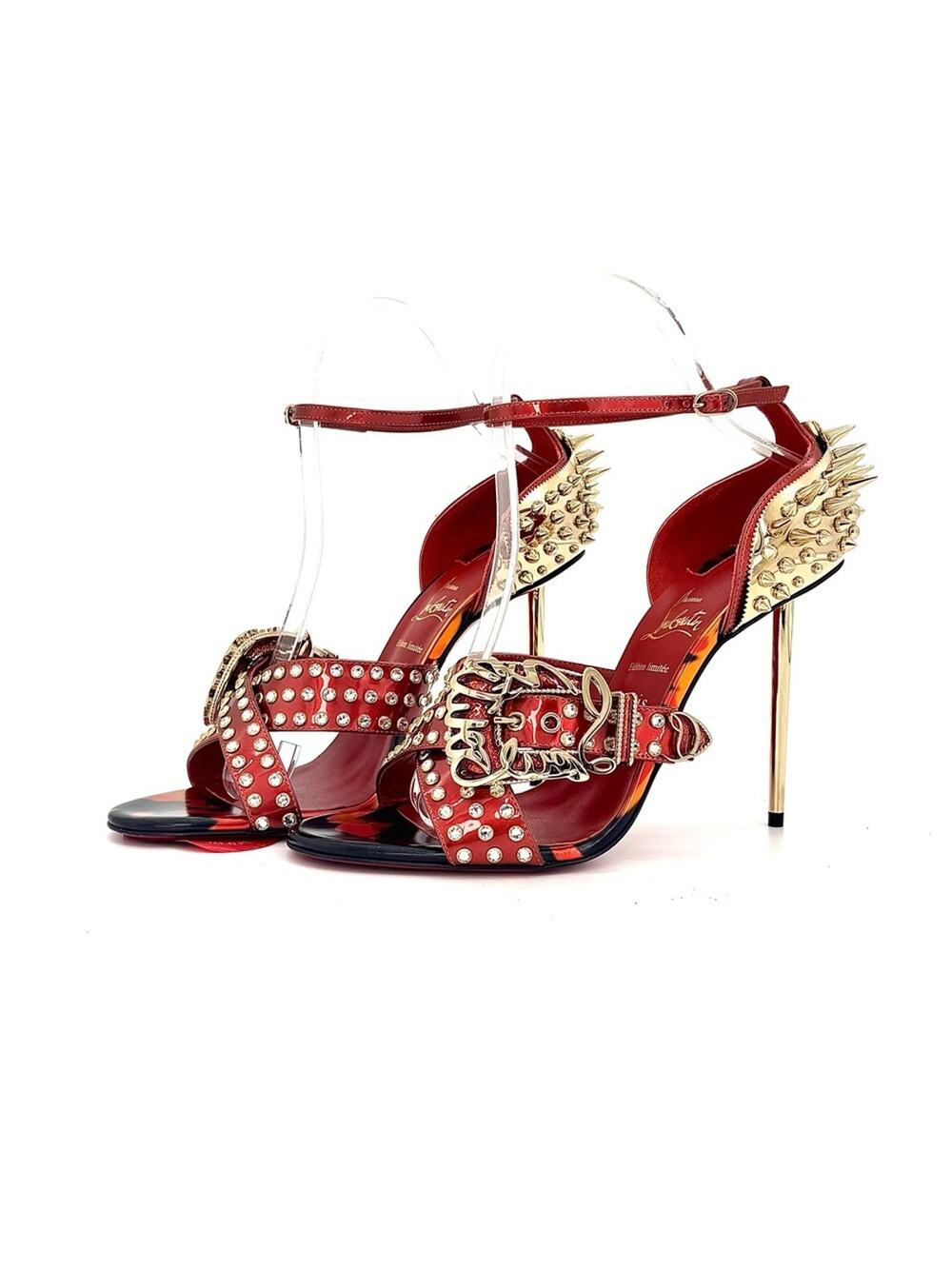 Christian Louboutin Wosandal Pic 100 Rodeo Fire Red Spike High Heel Sandals 39